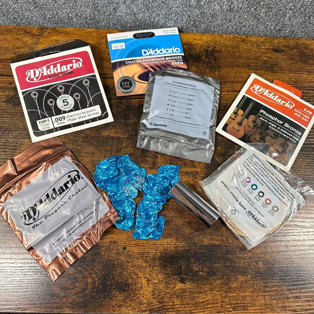D'Addario Guitar Strings Bundle EXP16 EJ15 PL009-5 Chrome Slide Blue Picks